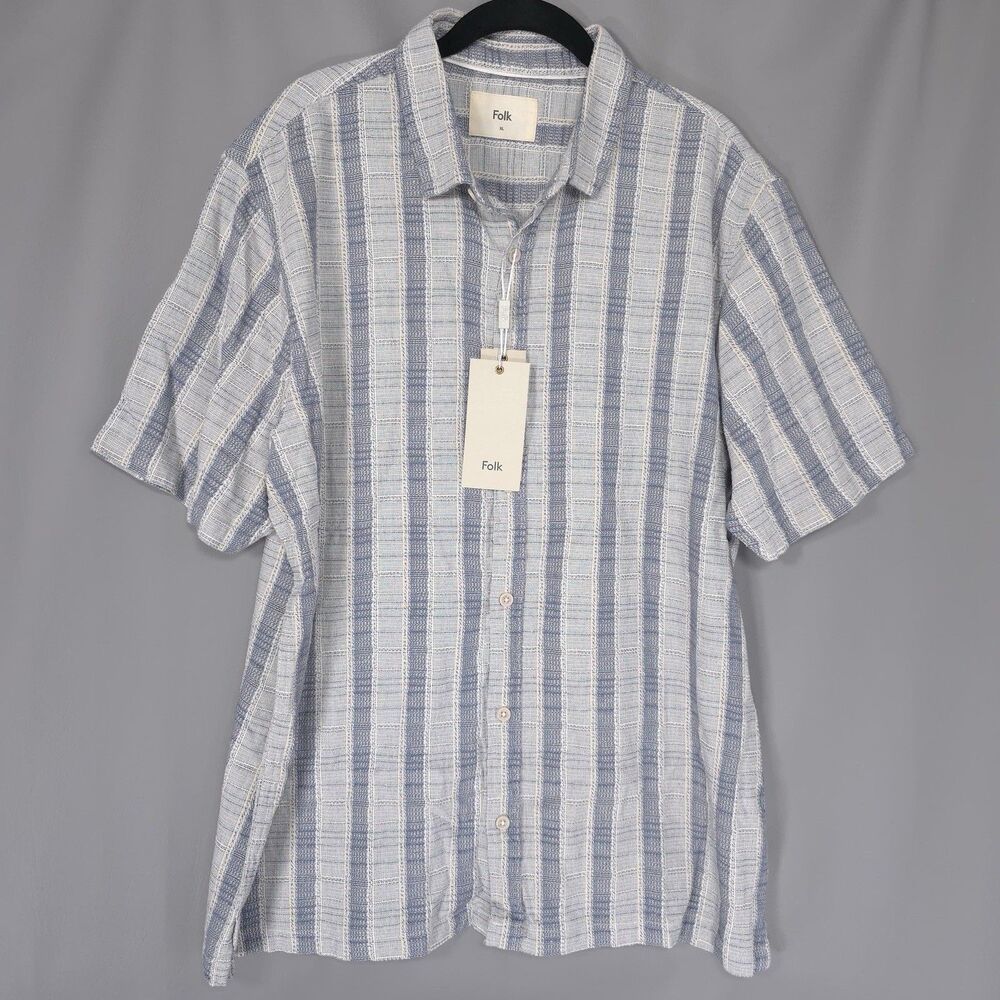Folk New Ottis SS Men’s Shirt XL Blue Textured Stripe 100% Cotton LONDON BRITISH